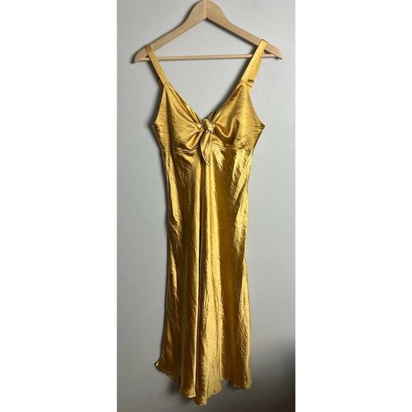 Here Comes the Sun Golden Yellow Satin Midi Dress with Tie Front Y2K Size Medium - Picture 1 of 8